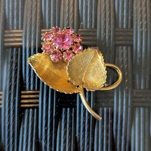 Gold Leaf and Pink Floral Brooch Vintage Brooch